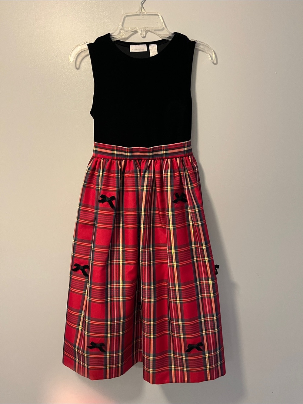 Charter Club Black Bodice Red Plaid Holiday Dress with Bow Accents